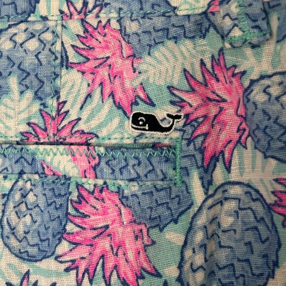 Vineyard Vines Pineapple Print Pant Women's 10 Linen Blend Crop Preppy Pink Blue - Picture 4 of 6